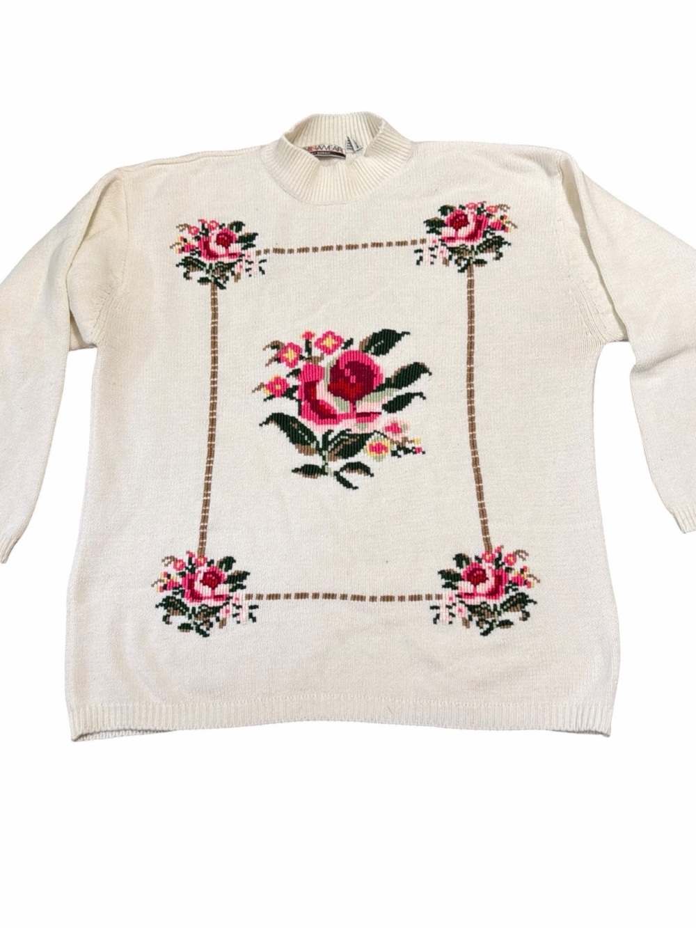Women's Cream Floral Knit Sweater - Pink Rose Motif size 22 acrylic vintage